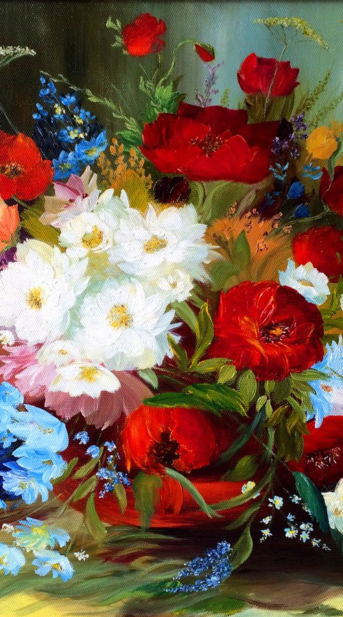 BOUQUET OF WILDFLOWERS - Nice still life. Bouquet of red poppies. White daisies. Summer. Flower garden. Pleasantly. armful. by Marina Skromova