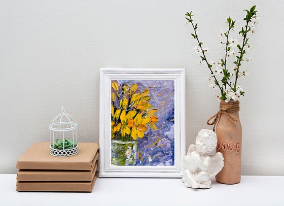 Daffodil Painting Floral Original Art Flower Oil Impasto Artwork Small Wall Art 6 by 8" by Halyna Kirichenko