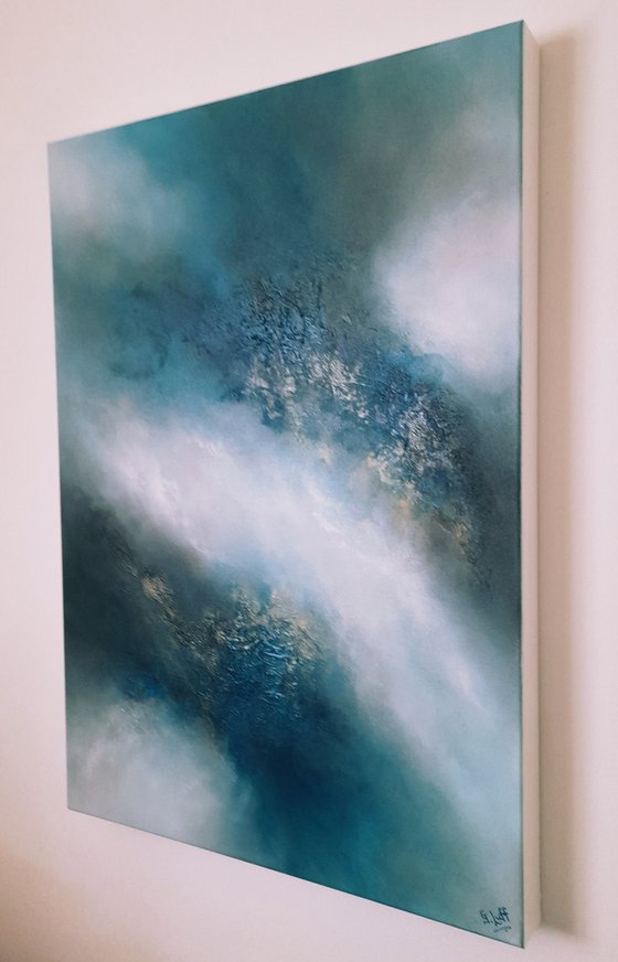 Cosmic Blue (Abstract/Expressionist oil painting on deep edge canvas 70cms X 50cms)