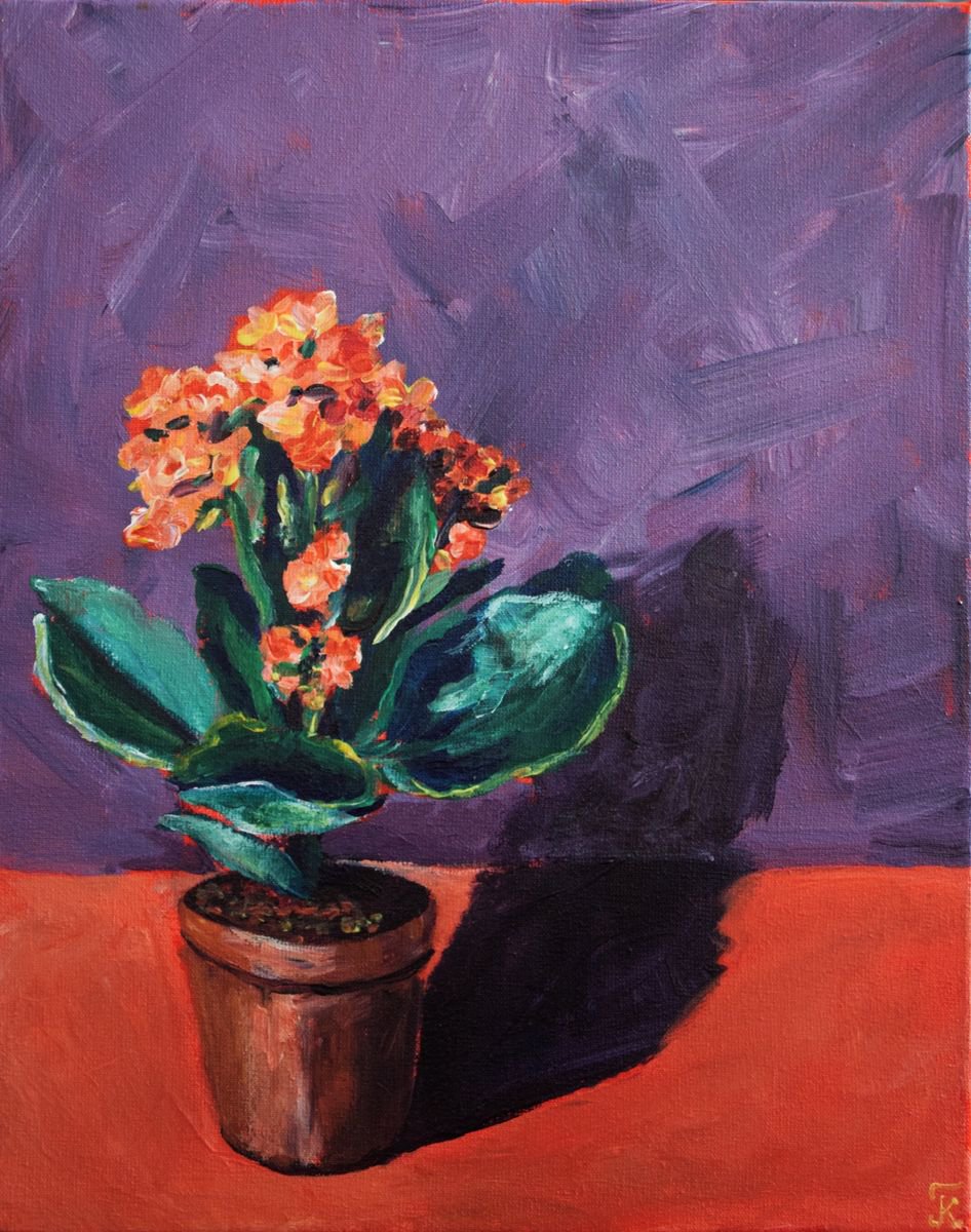 Acrylic painting Flower Kalanchoe, violet and orange by Kate Grishakova