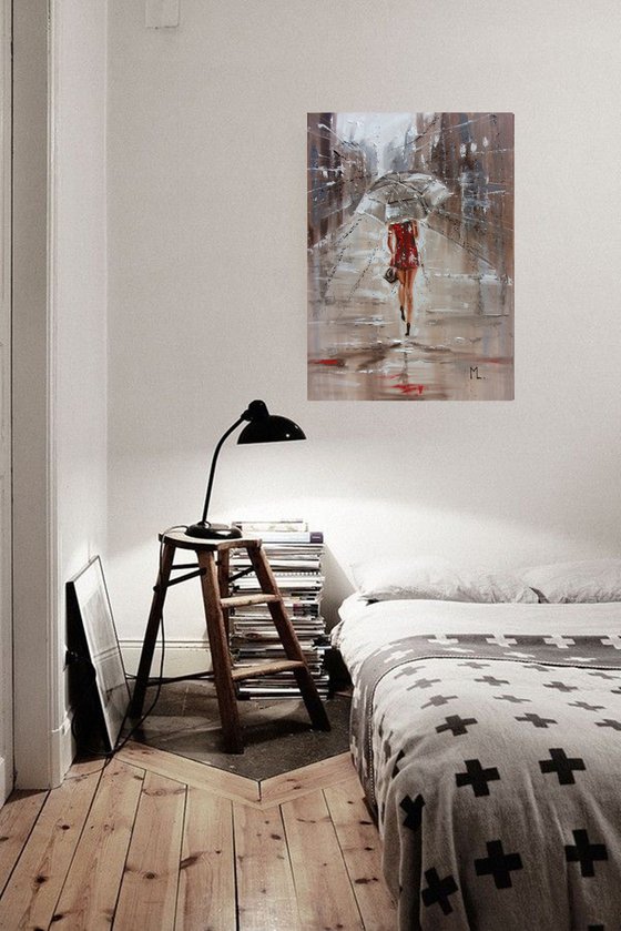 " JULY RAIN "   street spring summer original painting CITY palette knife GIFT