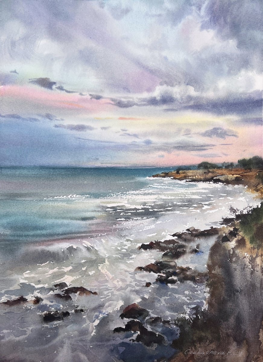 Impressionistic Landscape Watercolour By Eugenia Gorbacheva, 11 X 15, Mystical Coast Of Cyprus, Original Artwork