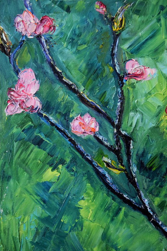 Spring flowers oil painting on canvas, pink flower, green wall art