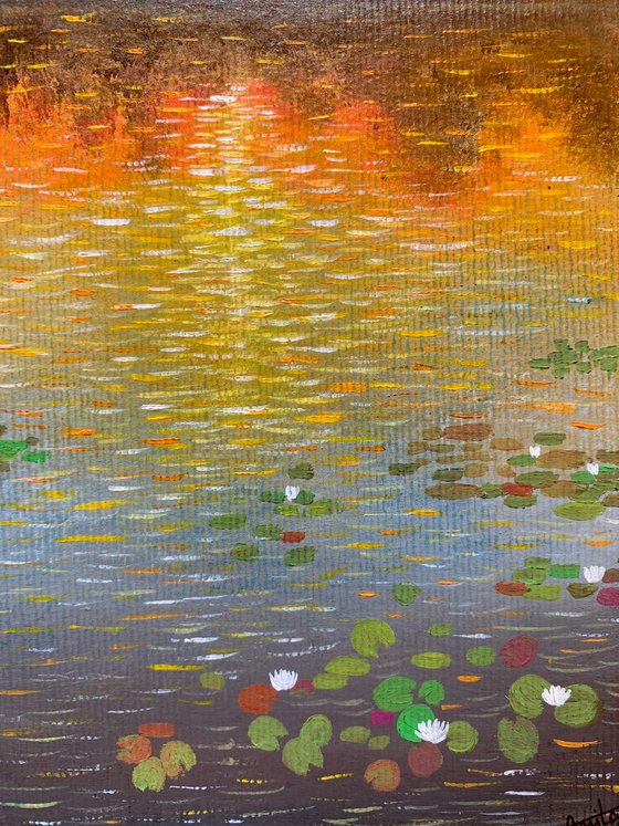 Water lily pond at sunset - 3 ! A4 size Painting on paper
