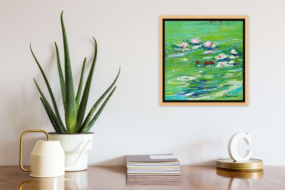 Water Lily Pond Small Floral Painting. Green Painting on Canvas. Modern Impressionism Art