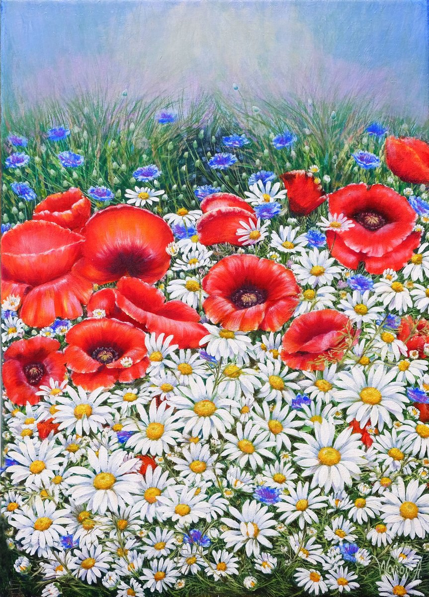 Impressionistic Botanical Oil Painting By Anastasia Woron, 13 X 17, Poppies And Daisies, Original Artwork