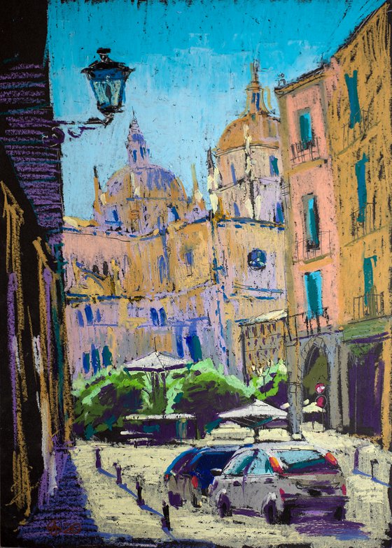 Segovia Cathedral. Light and shadow. Oil pastel painting. Small colorful urban landscape home decor interior gift idea city scape sun happy