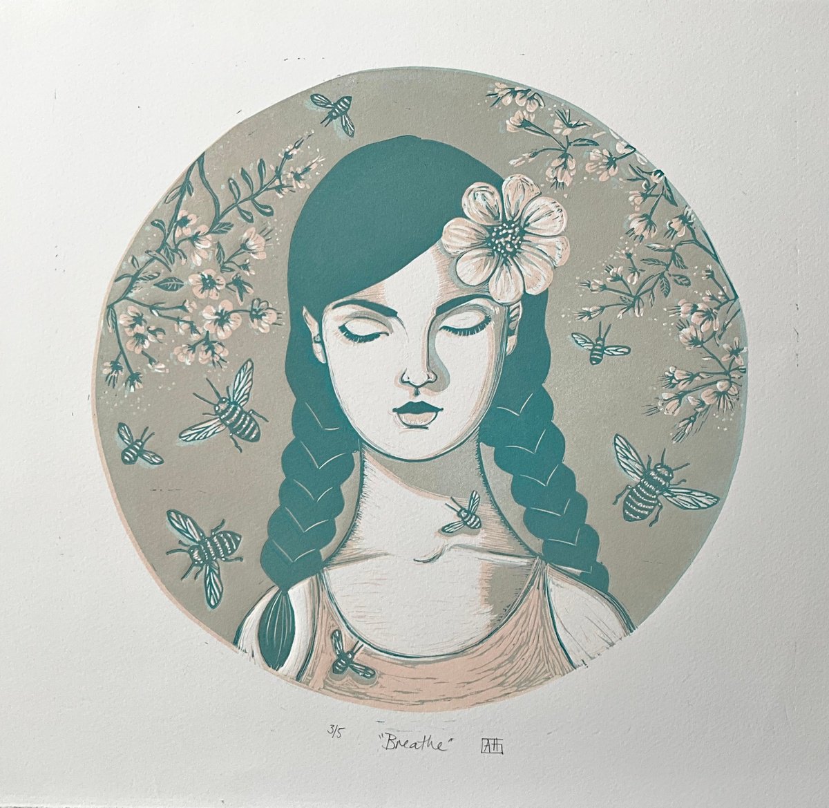 Portrait Linocut By Alison Headley, 19 X 15, Breathe, Original Artwork