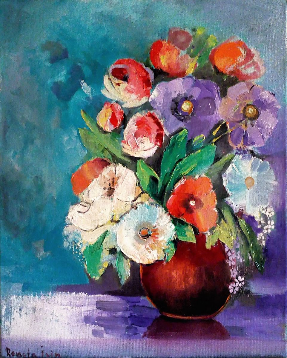 Impressionistic Botanical Oil Painting By Reneta Isin, 16 X 20", Flowers, Original Artwork