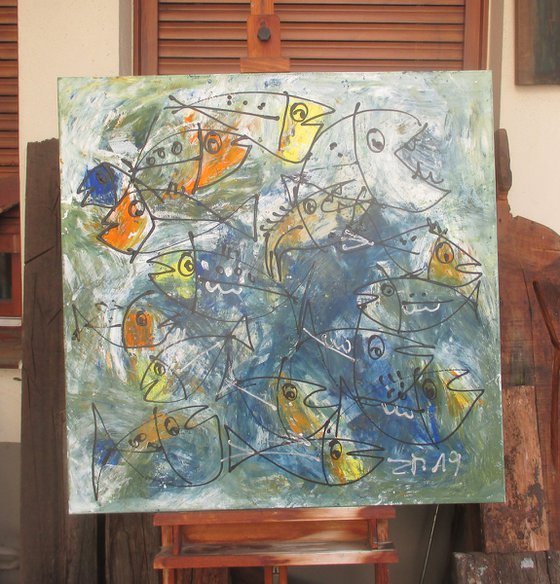 crasy blue fishes - acrylpainting 90x90cm 35,4  x 35,4 inch