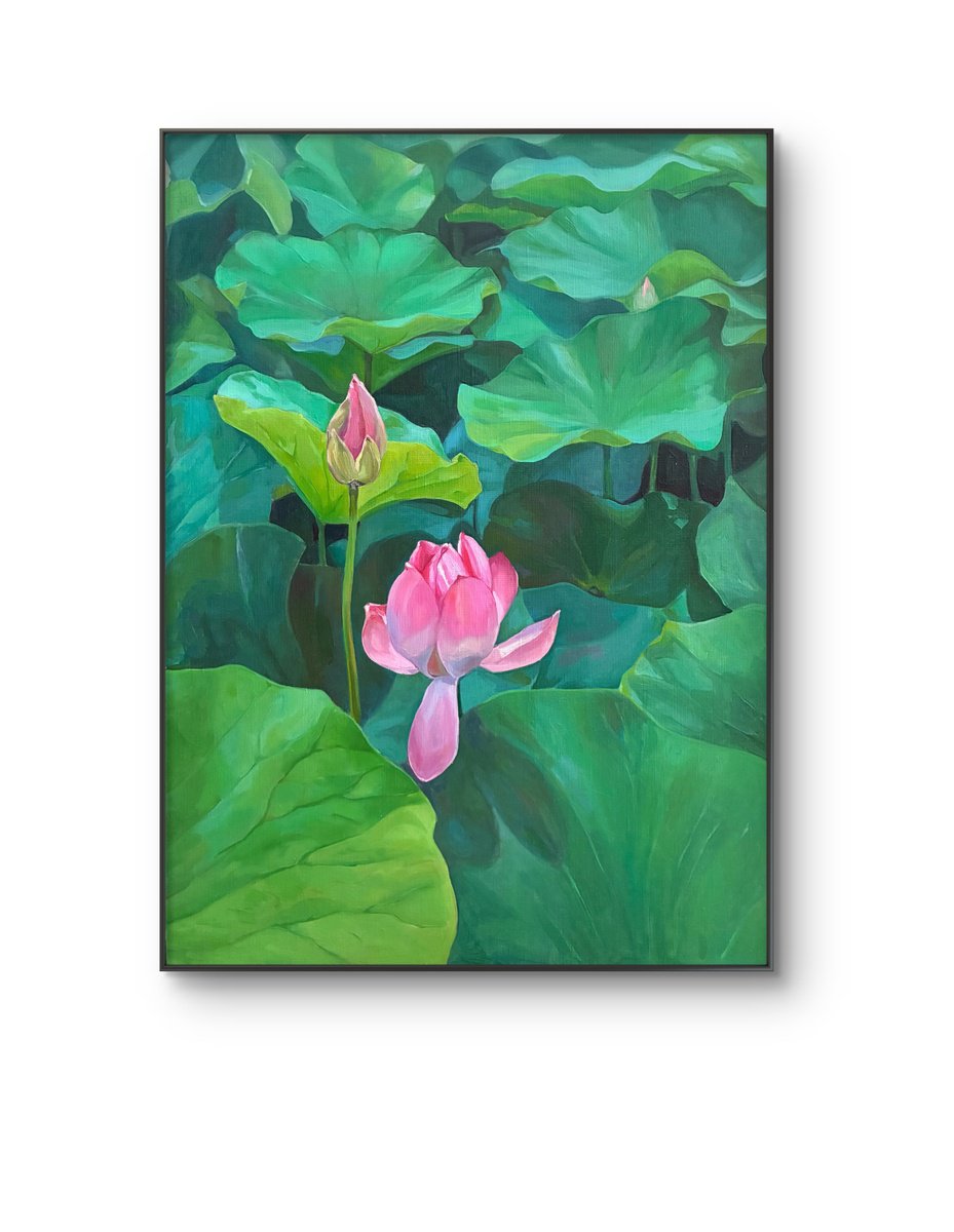Photorealistic Landscape Oil Painting By Guzel Min, 21 X 29, Lotuses. Pond. Time Of Youth, Original Artwork