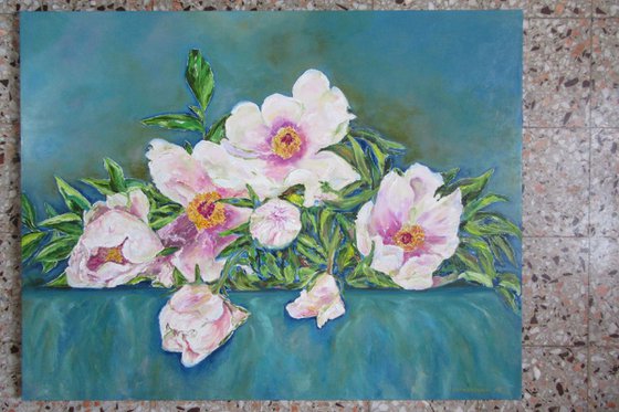 Tree Peonies - Large Original Oil Floral Painting Macro Spring Flowers Home Art Luxury Decor 90x70 cm (35.4x27.6 in)