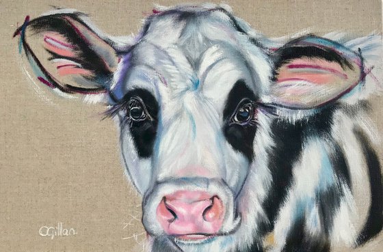 Semaphore, Cow Black and White Original Oil Painting on Linen Board Semaphore 12x8"