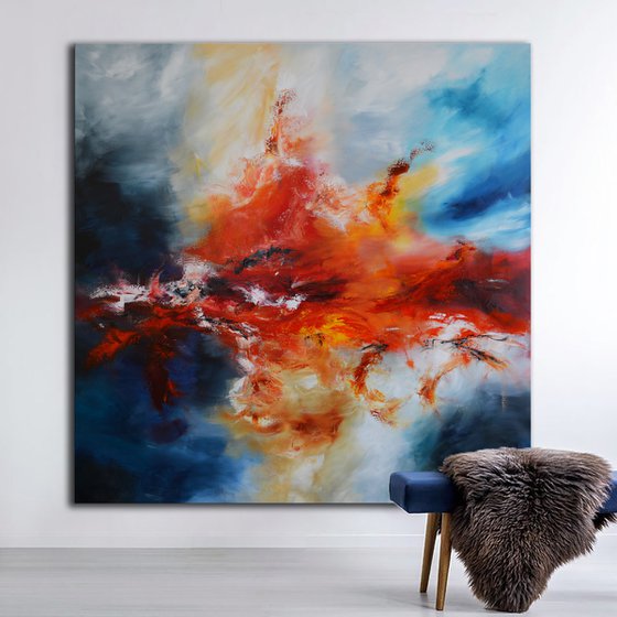 Solar flares - 60"x60" square red and blue abstract painting