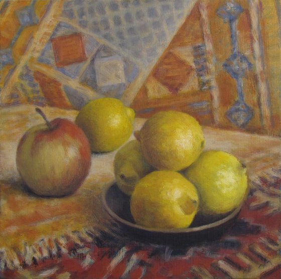 Still life with apple and lemons