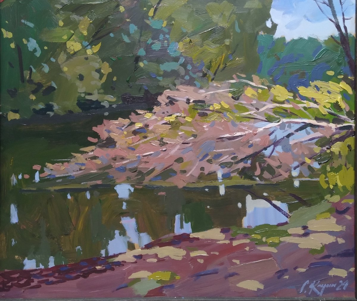 Impressionistic Landscape Acrylic Painting By Sergey Kachin, 28 X 24", On A Small River, Original Artwork