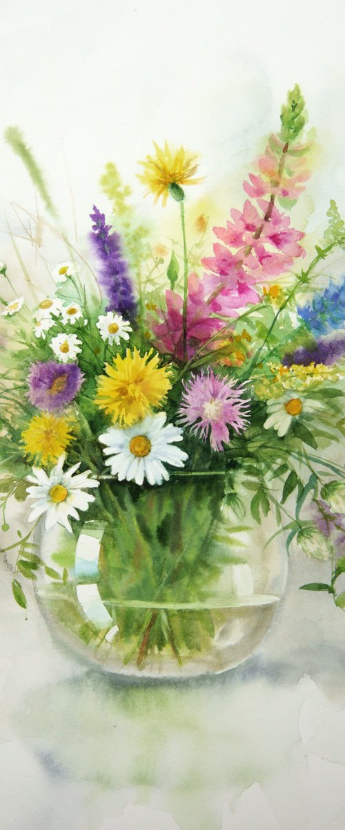 Wildflowers - bouquet of wildflowers - chamomile  - summer flowers by Olga Beliaeva Watercolour