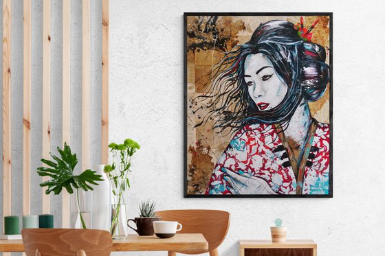 Cherry Aqua 120cm x 150cm Japanese Geisha Book Page Urban Pop Art