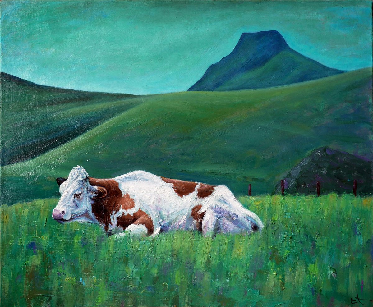 Expressive Animal Oil Painting By Lionel Le Jeune, 24 X 20", Pasture In Auvergne, Original Artwork