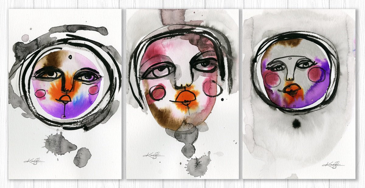 Funky Face Pizzazz Collection 2 - 3 Abstract Face Paintings by Kathy Morton Stanion by Kathy Morton Stanion