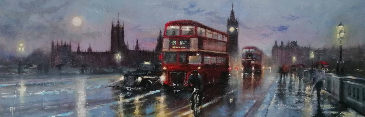 Impressionistic Cityscapes Acrylic Painting By Alan Harris, 35 X 12, Londons Transport 2, Westminster, Original Artwork