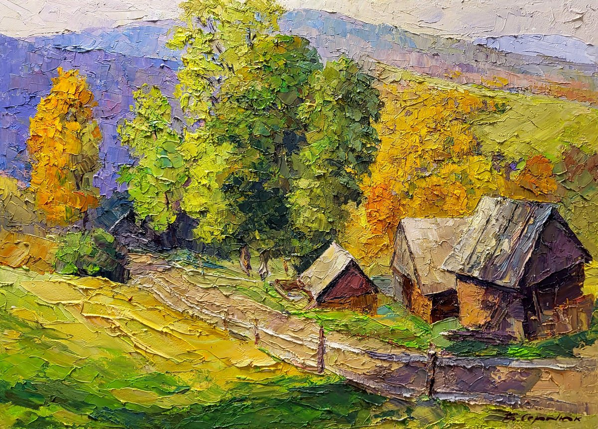Impressionistic Landscape Oil Painting By Boris Serdyuk, 28 X 20, Autumn In The Mountains, Original Artwork