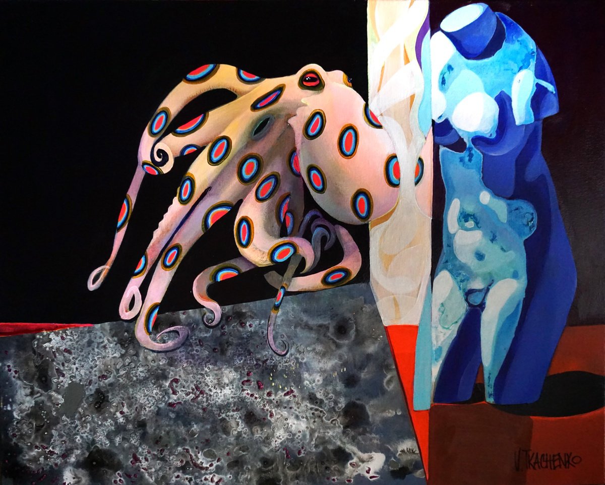 Organic Animal Acrylic Painting By Victor Tkachenko, 30 X 24", Diving Lesson, Original Artwork