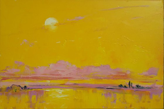 World Of Sky.Yellow sunrise 90X60 original oil.