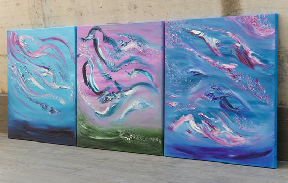 She is coming, Triptych n° 3 Paintings, Original emotional landscapes, oil on canvas