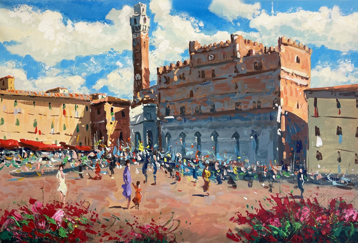Expressive Landscape Oil Painting By Agostino Veroni, 36 X 24, Siena Piazza Del Campo Oil Painting, Original Artwork
