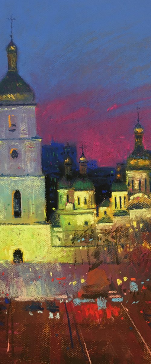 Night city Kyiv Ukraine Soft pastel 19.6x19.6 inch (50x50 cm) by Andrii Kovalyk