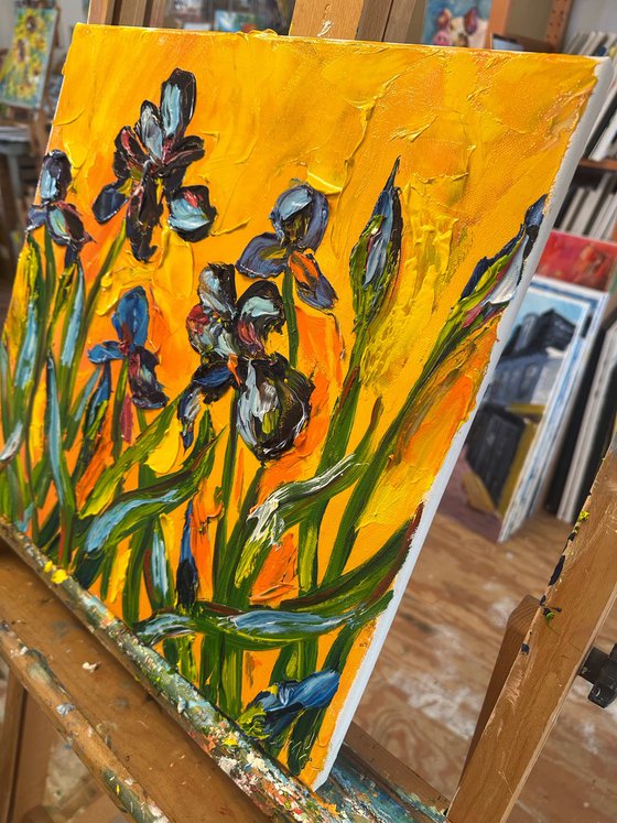 Irises on a yellow background