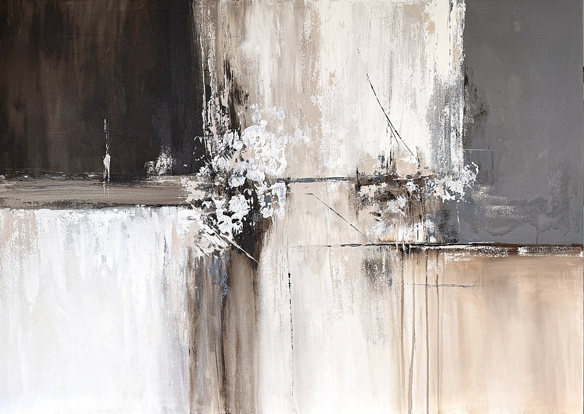 Geometric Abstract Acrylic Painting By Tatiana Malinovscaia, 55 X 39", Taupe Construct, Original Artwork