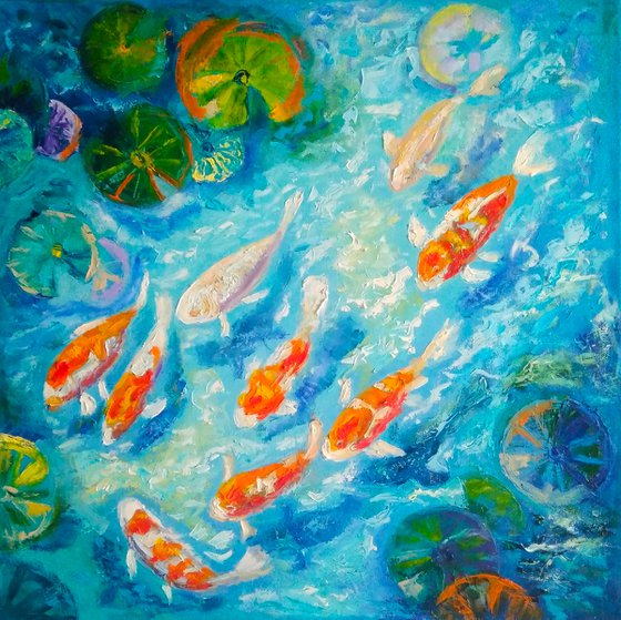 Nine koi carp in the pond, 50x50 cm, ready to hang.