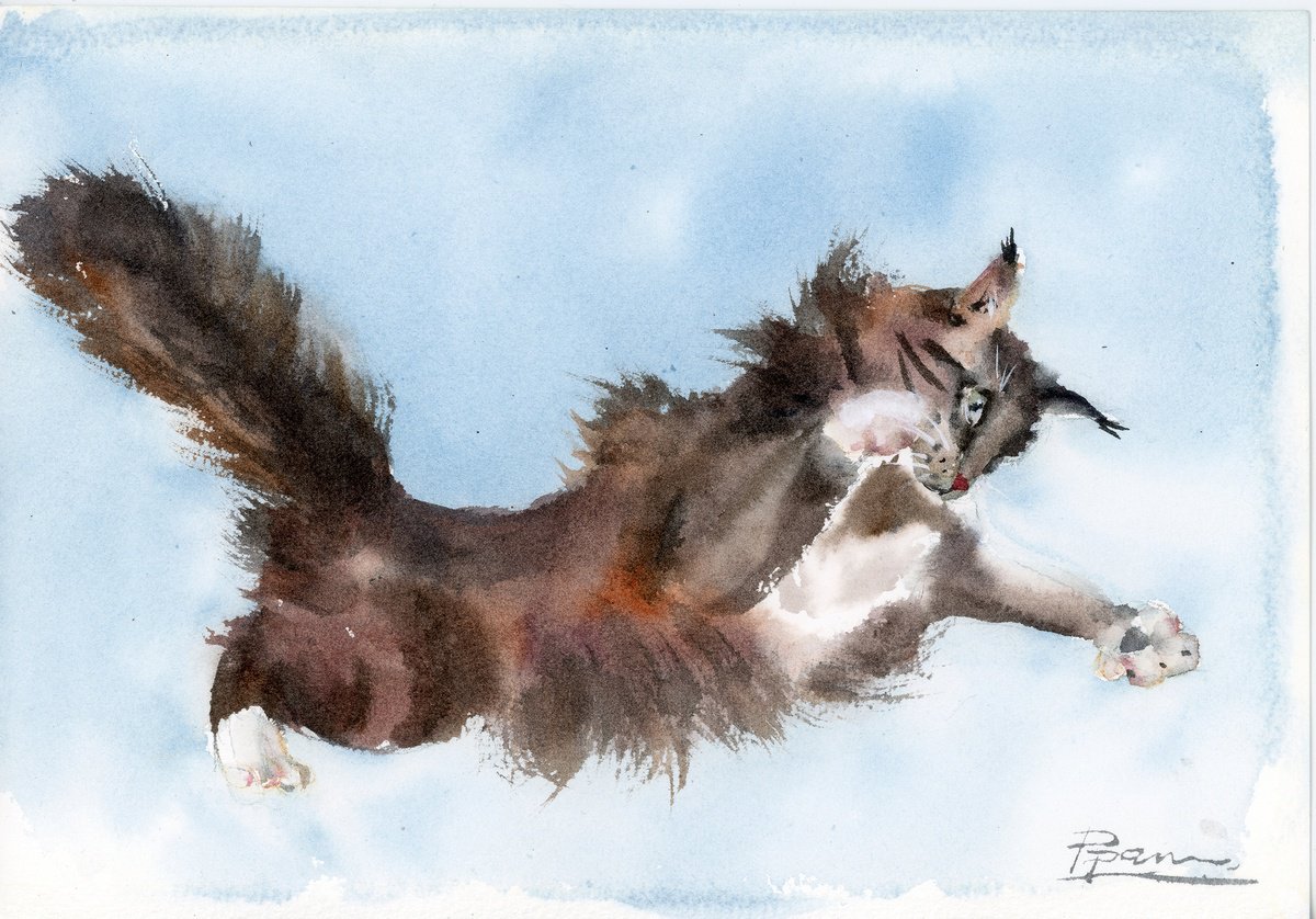 Impressionistic Animal Watercolour By Olga Tchefranov (Shefranov), 10 X 7", Midair Mischief #1, Original Artwork