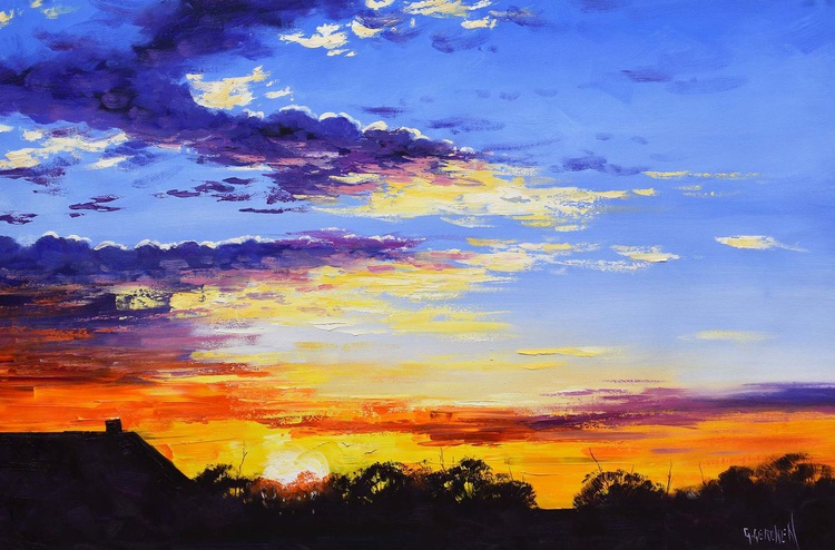 Rural Sunset Painting Orange Blue Sunrise Clouds Artfinder