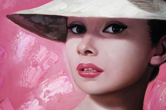 Audrey Hepburn Portrait “ Audrey Hepburn is cute in a pink hat”