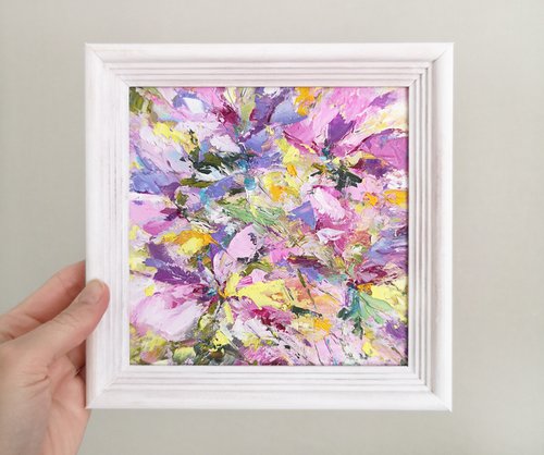 Abstract flowers, small oil painting by Olga Grigo