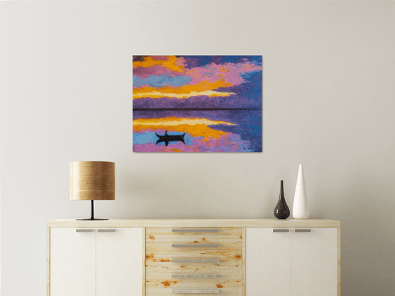 Silence - colorful evening on the lake; sunset; home, office décor