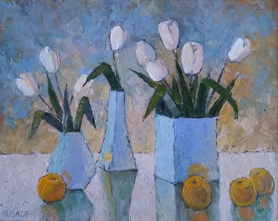 still life with white tulips