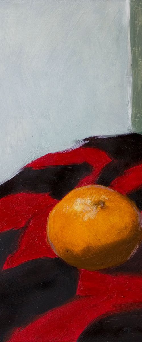 modern still life of tangerine on red and black by Olivier Payeur