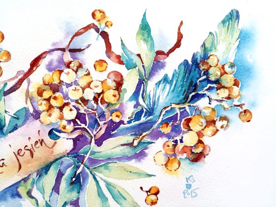 Fantasy watercolor autumn still life with rowan twig