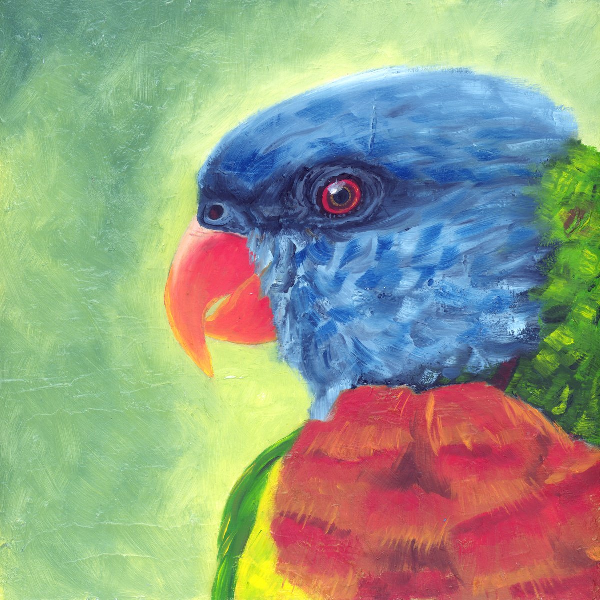 Expressive Animal Oil Painting By Rebeca Fuchs, 13 X 13", Lorikeet, Original Artwork