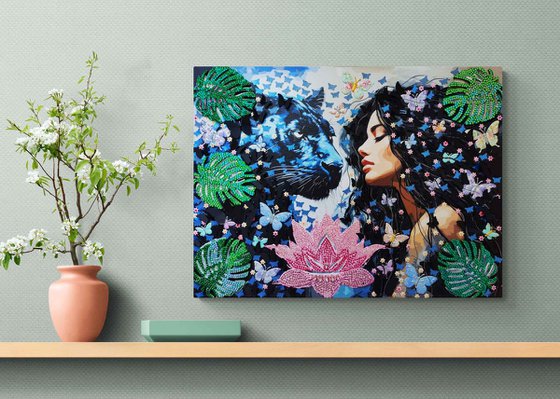 Woman and panther in the jungle. Floral female portrait with wild animal. Butterflies wall home decor, art gift for her