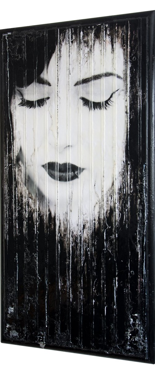 "Nikki IV Revisited" (XXL artwork 134x70x3 cm) - Unique portrait artwork on old tabletop (abstract, portrait, original, resin, beeswax, painting) by Rouzbeh Tahmassian