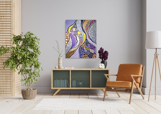 Colorful abstract painting. Purple lilac silver gold Oriental wall art