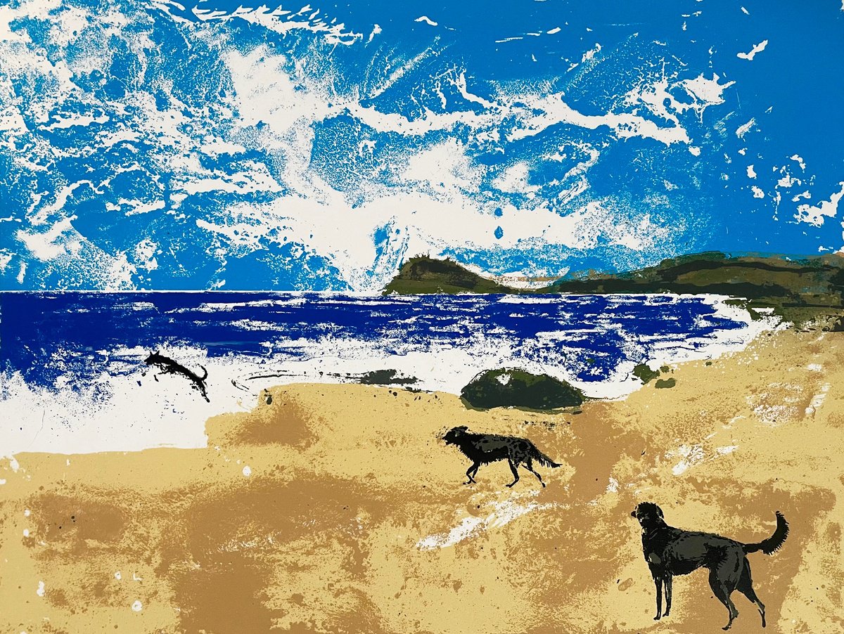 Expressive Animal Screenprint By Tim Southall, 20 X 16", Dogs On A Beach, Original Artwork