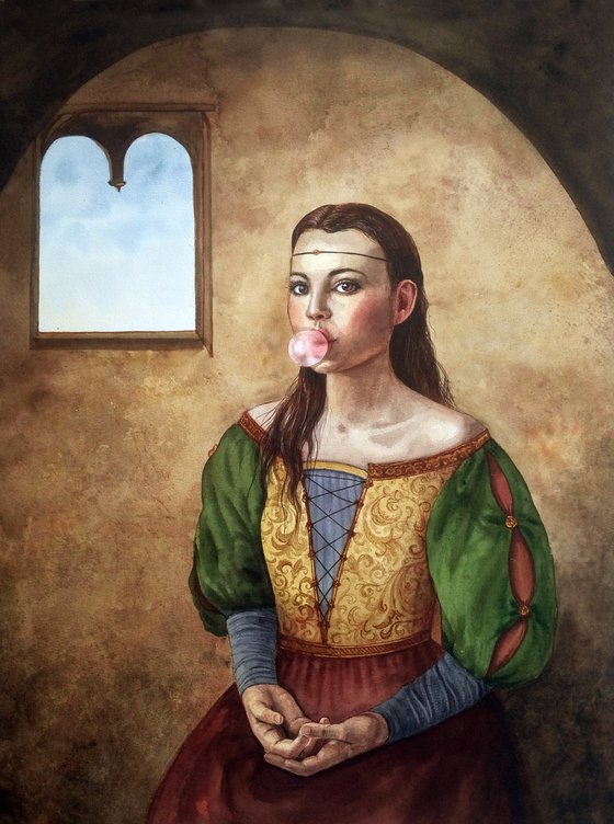 Renaissance Woman Portrait With Bubble Gum - modern renaissance - Leonardo da Vinci style