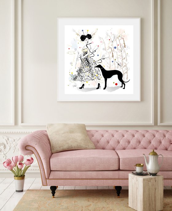 Juliette and her Greyhound - Dog Art - Fashion - Dog Sitter