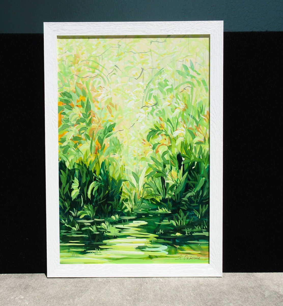 Impressionistic Botanical Acrylic Painting By Sveta Osborne, 27 X 39", Magic Garden Lily Pond Ii, Original Artwork